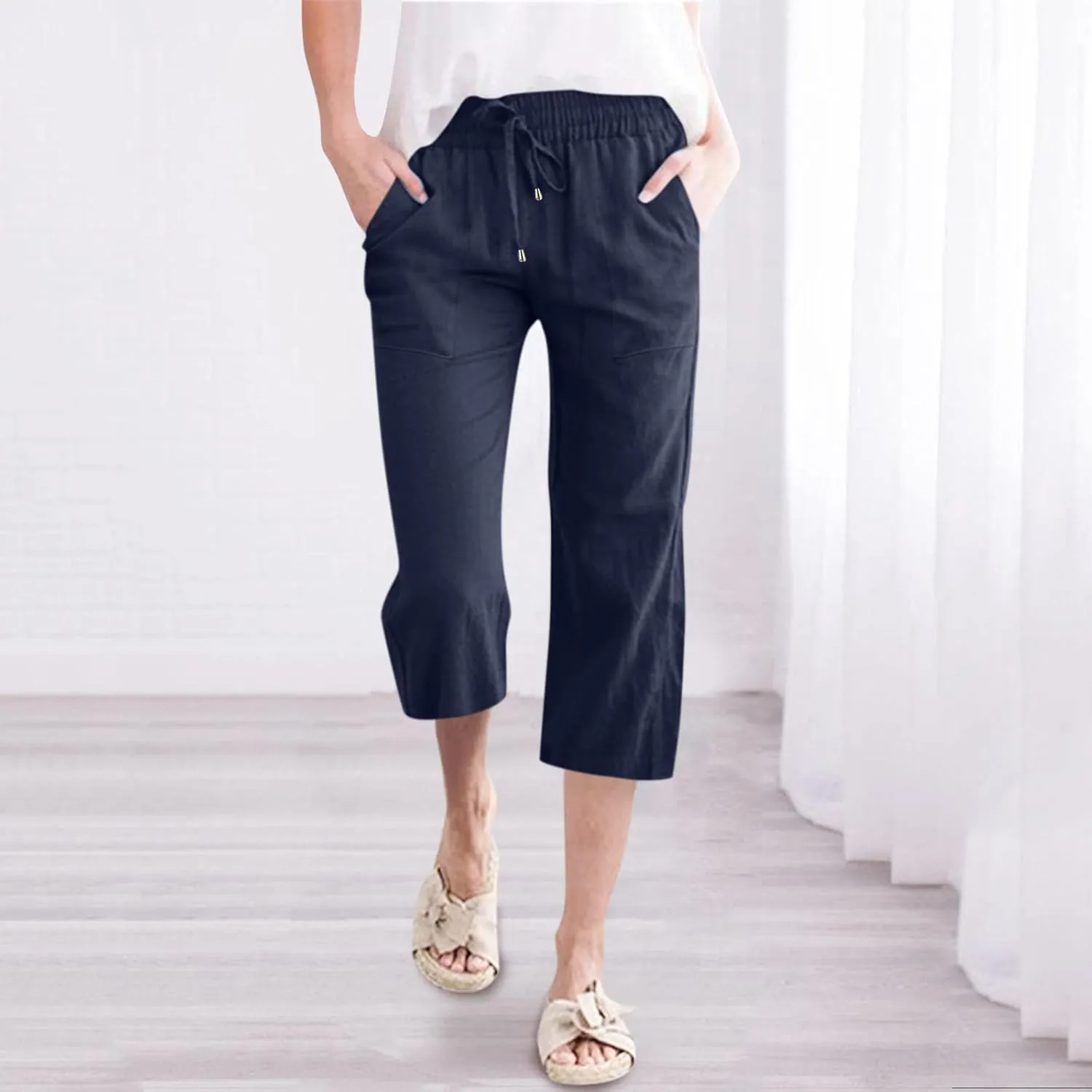 Capris Pants for Women Casual Summer Linen Lounge Palazzo Drawstring High Waisted Wide Leg Cropped Trousers