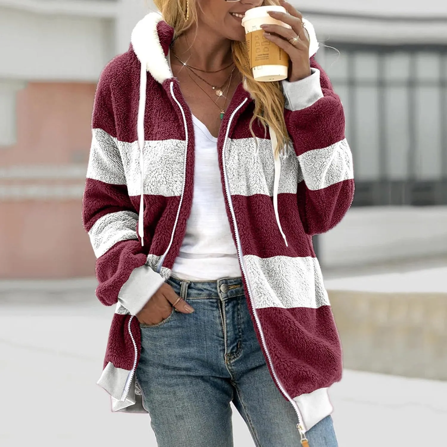Ceboyel Teddy Coat For Women Hooded Fuzzy Sherpa Jacket Fleece Drawstring Zip Up Hoodie 2023 Trendy Winter Outerwear Clothes