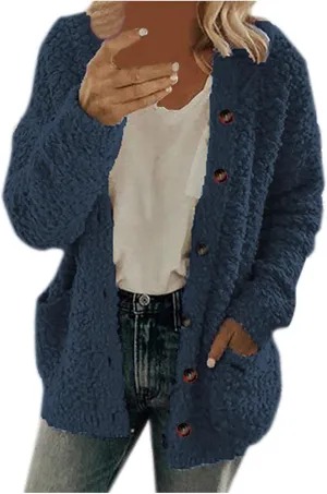 Chunky Open Front Cardigan for Women Fluffy Button Up Sweater Coat Winter Shaggy, Womens Fuzzy Popcorn Outwear