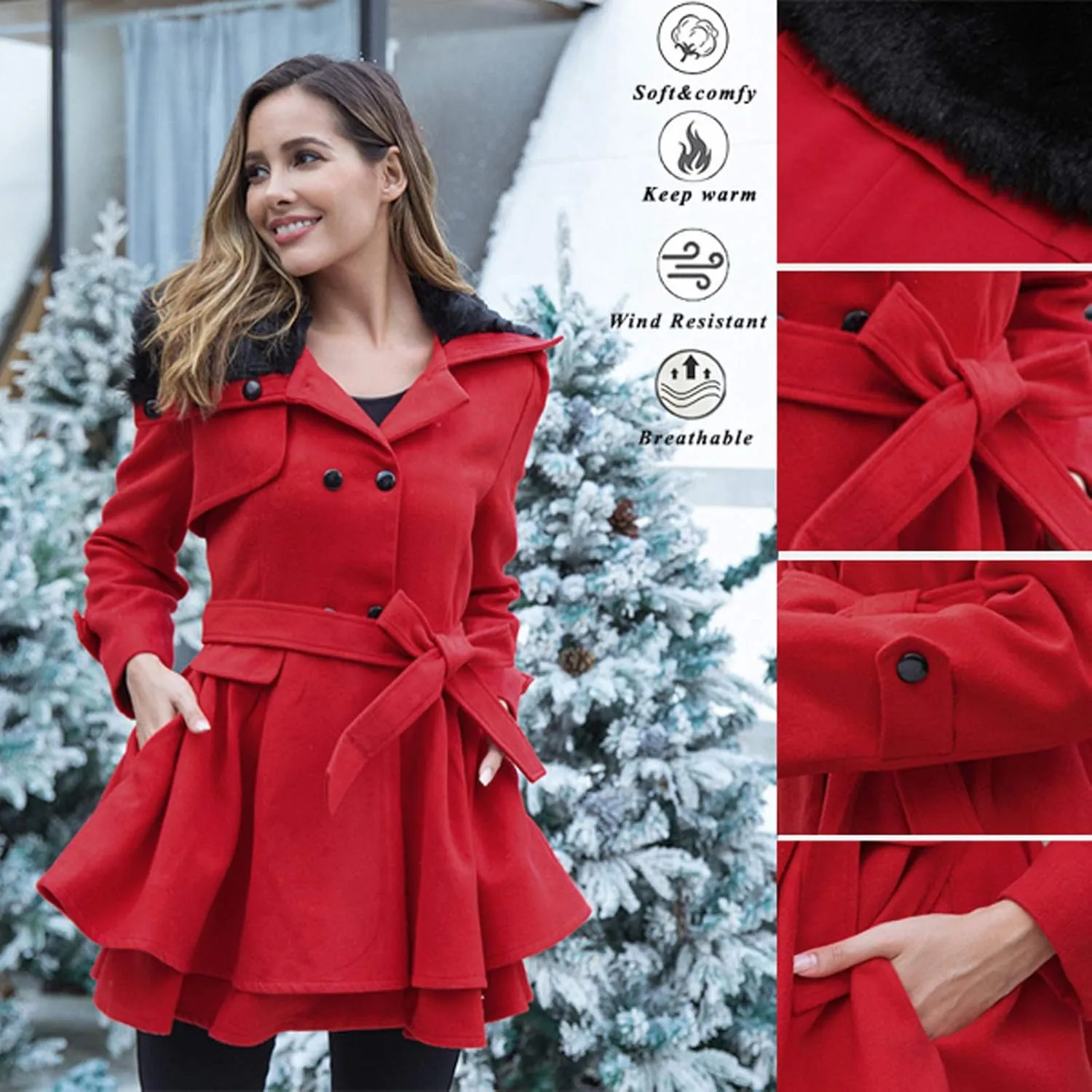 cooki Fall Jackets for Women 2023 Women Wool Trench Coat Winter Double-Breasted Jacket with Belts Casual Winter Classic Coat