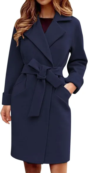 cooki Winter Coats for Women 2023 Wool Blend Coat Open Front Long Pea Trench Coat Casual Solid Long Sleeve Lapel Outerwear