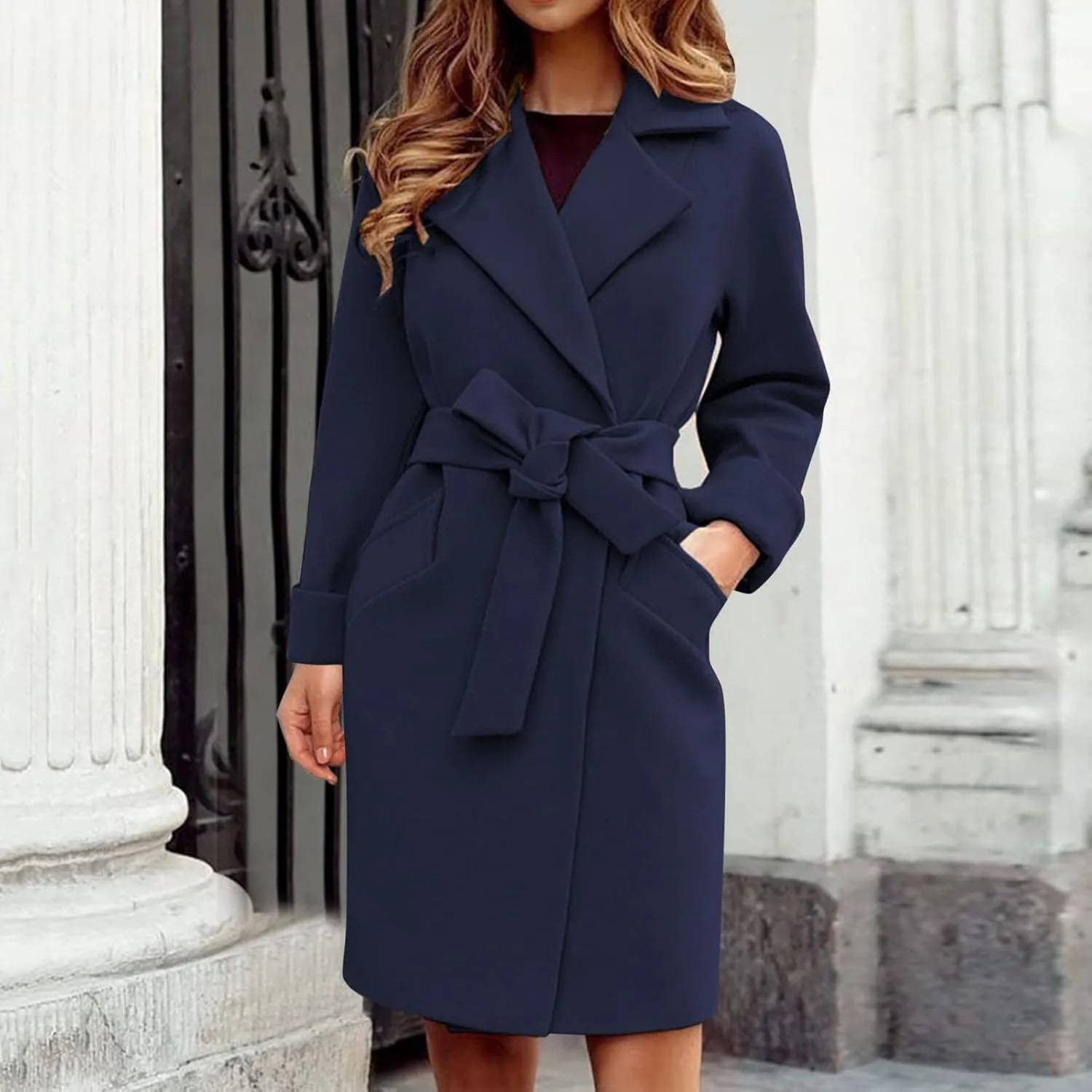 cooki Winter Coats for Women 2023 Wool Blend Coat Open Front Long Pea Trench Coat Casual Solid Long Sleeve Lapel Outerwear