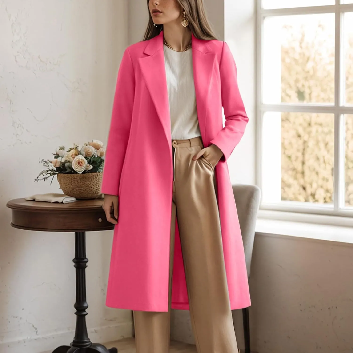cooki Winter Coats for Women Long Warm Open Front Lapel Cardigan Jackets Womens Casual Wool Blend Trench Coats Pea Coats