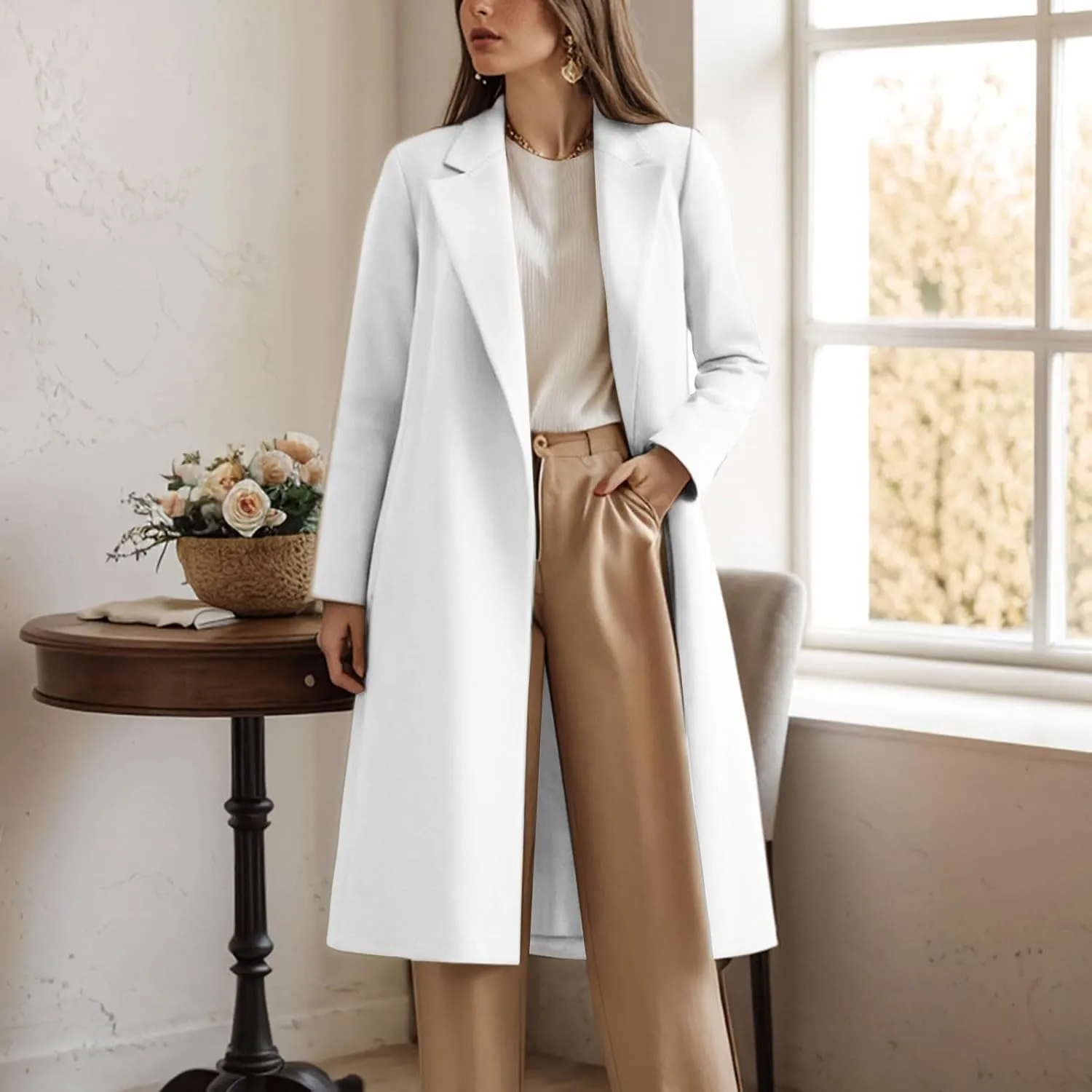 cooki Winter Coats for Women Long Warm Open Front Lapel Cardigan Jackets Womens Casual Wool Blend Trench Coats Pea Coats