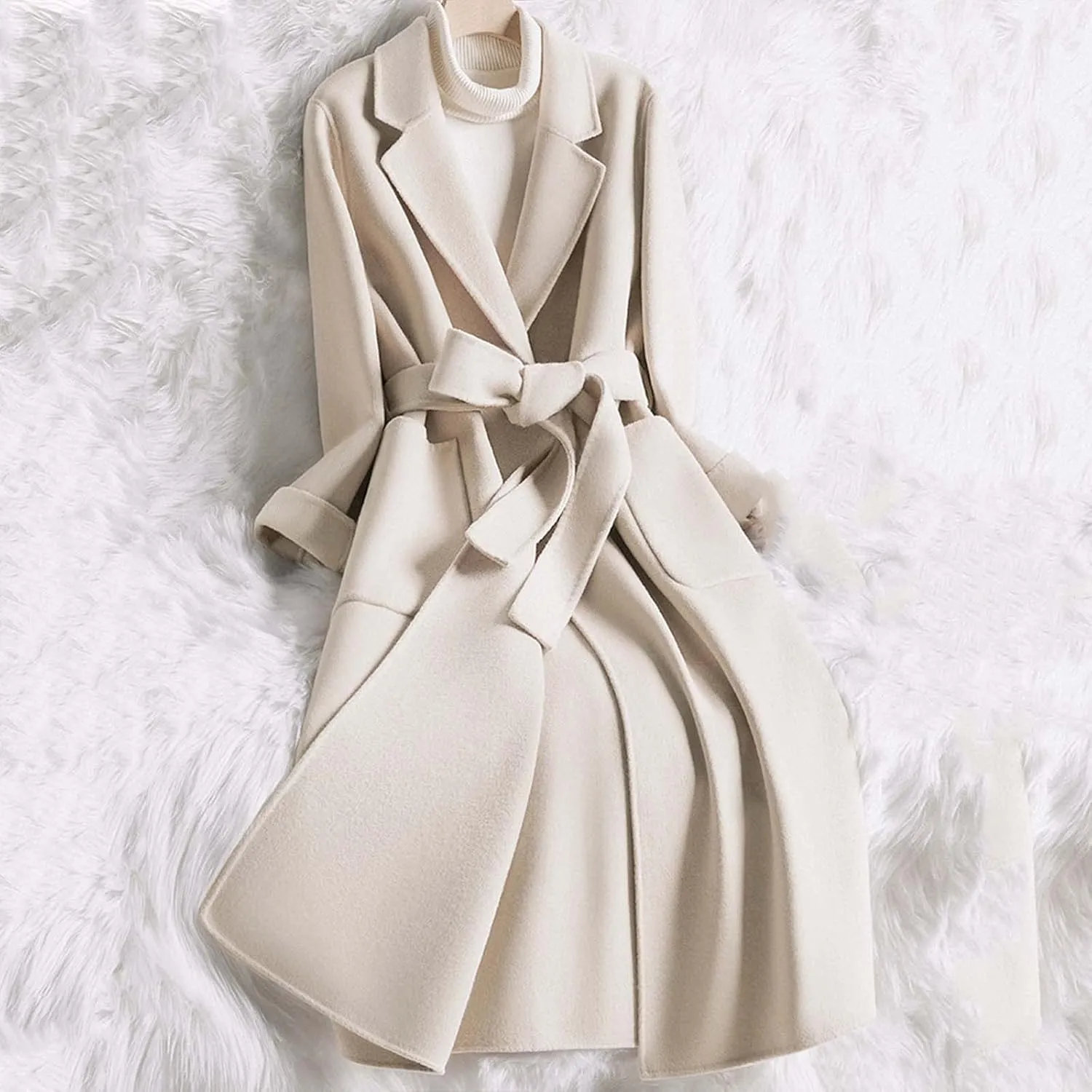 cooki Winter Coats for Women Notch Lapel Belted Peacoat Women's Wool Blend Trench Coat Long Slim Fit Jacket Overcoats