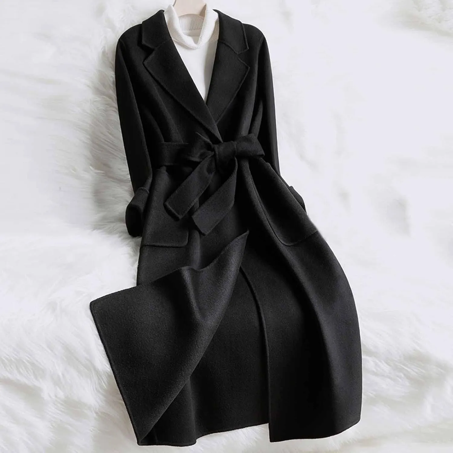 cooki Winter Coats for Women Notch Lapel Belted Peacoat Women's Wool Blend Trench Coat Long Slim Fit Jacket Overcoats