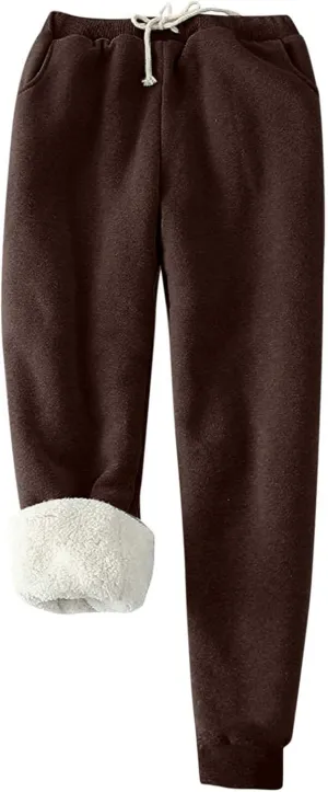 CRNTCEM Womens Winter Fleece Lined Joggers High Waist Warm Tracksuit Bottoms Drawstring Workout Fitness Lounge Trousers