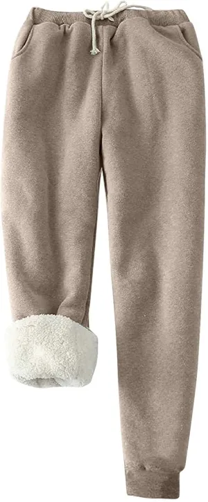 CRNTCEM Womens Winter Fleece Lined Joggers High Waist Warm Tracksuit Bottoms Drawstring Workout Fitness Lounge Trousers