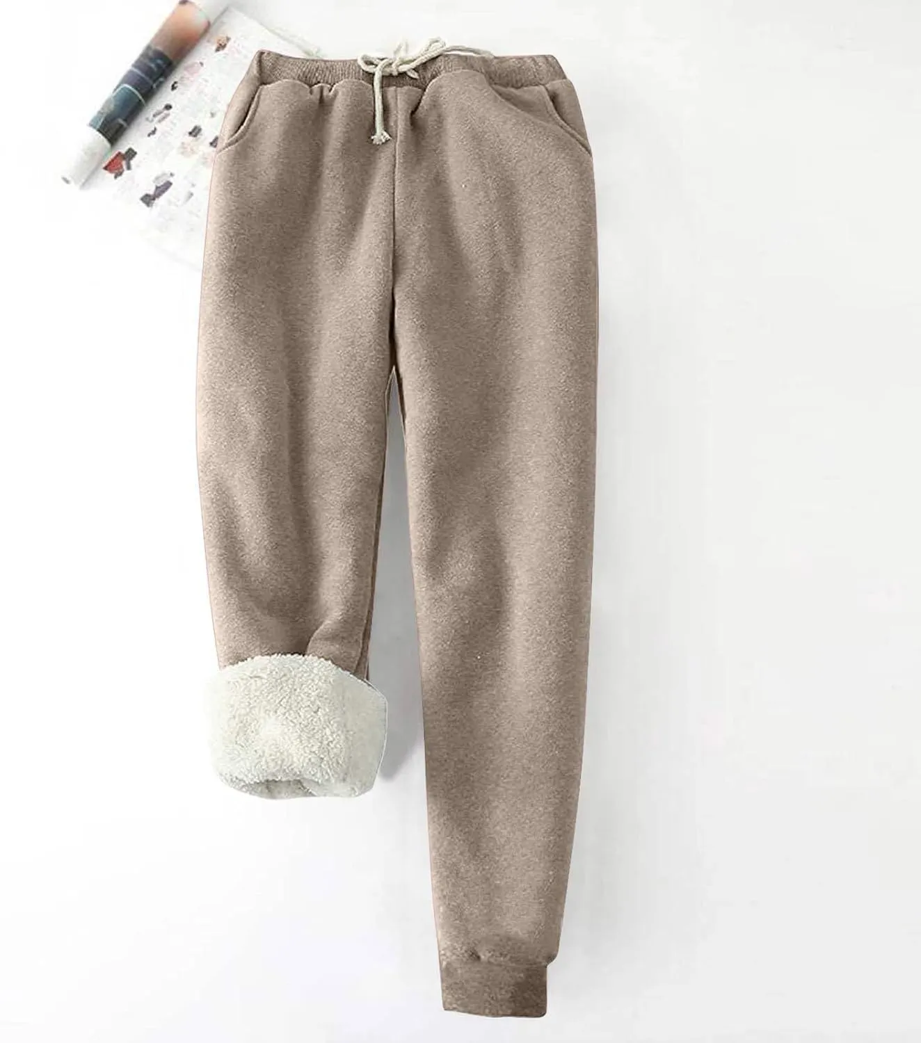 CRNTCEM Womens Winter Fleece Lined Joggers High Waist Warm Tracksuit Bottoms Drawstring Workout Fitness Lounge Trousers