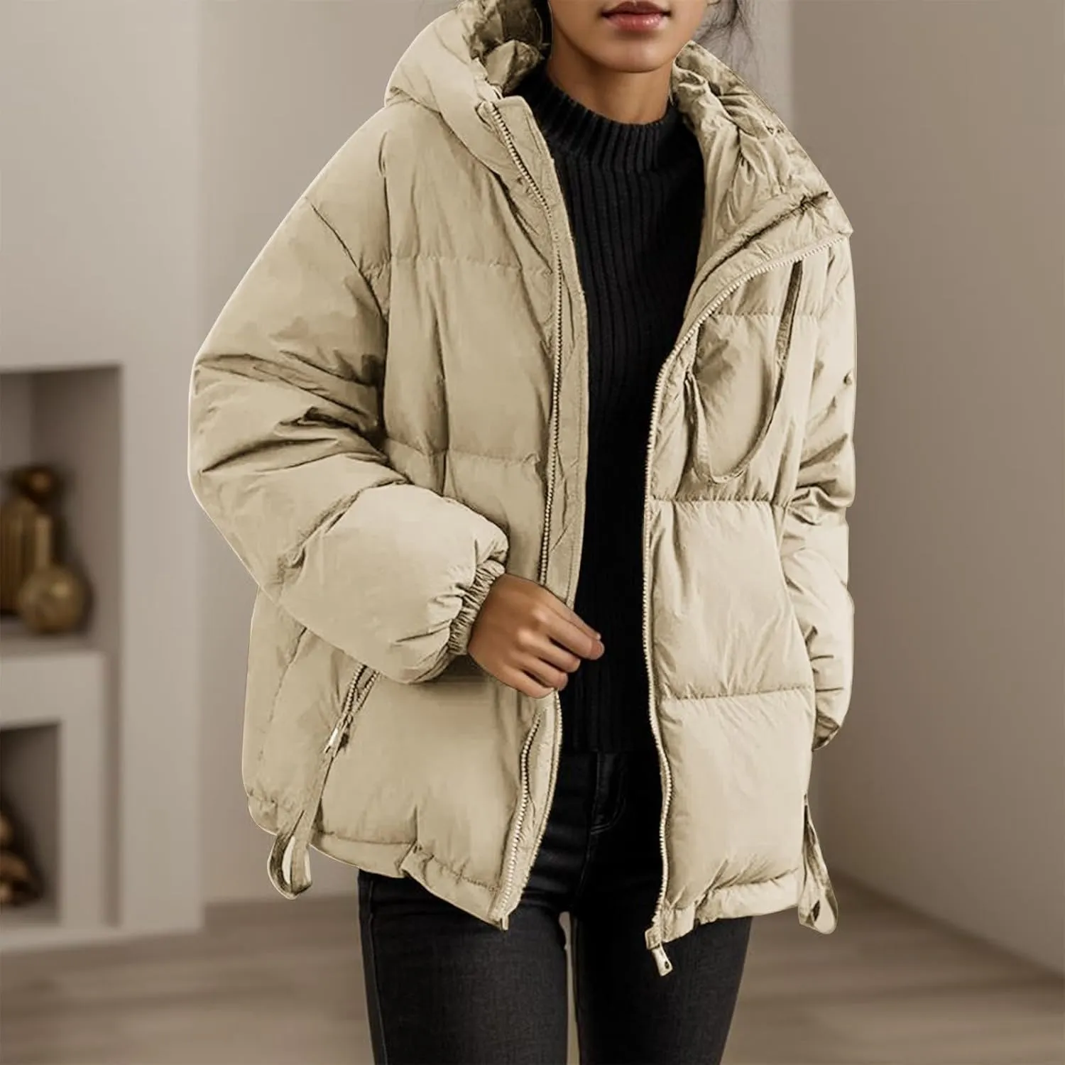 Cropped Puffer Jackets for Women Winter Coats Long Sleeve Zip Up Baggy Short Warm Outwear Down Coat with Pockets