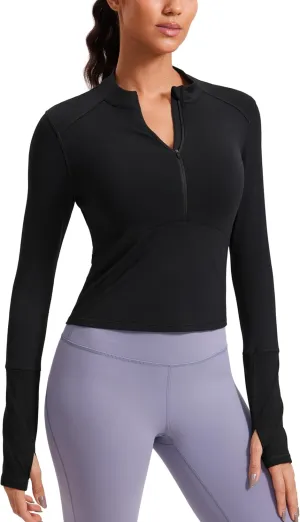 CRZ YOGA Women's Long Sleeve Crop Top Quick Dry Cropped Workout Shirts Half Quarter Zip Pullover Running Athletic Fall Shirt