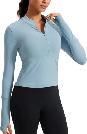 CRZ YOGA Women's Long Sleeve Crop Top Quick Dry Cropped Workout Shirts Half Quarter Zip Pullover Running Athletic Fall Shirt