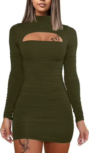 DAAWENXI Women's Sexy Long Sleeve Cut Out Bodycon Ruched Party Club Mini Dress