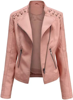 DDAPJ pyju Women's Faux Leather Moto Jacket Fashion Zipper Slim Short Coat Long Sleeve PU Biker Jackets with Pockets