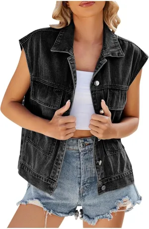 Denim Vest for Women Cropped Button Down Sleeveless Lapel Jean Jacket Fashion Casual Western Outerwear with Pockets