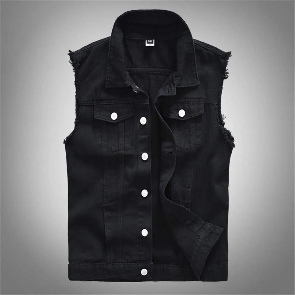 Denim Vests Jacket for Men Fashion Stretchy Trucker Sleeveless Jean Outerwear Men's Denim Vest Jacket Punk Casual Lapel Jean