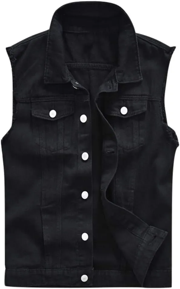 Denim Vests Jacket for Men Fashion Stretchy Trucker Sleeveless Jean Outerwear Men's Denim Vest Jacket Punk Casual Lapel Jean
