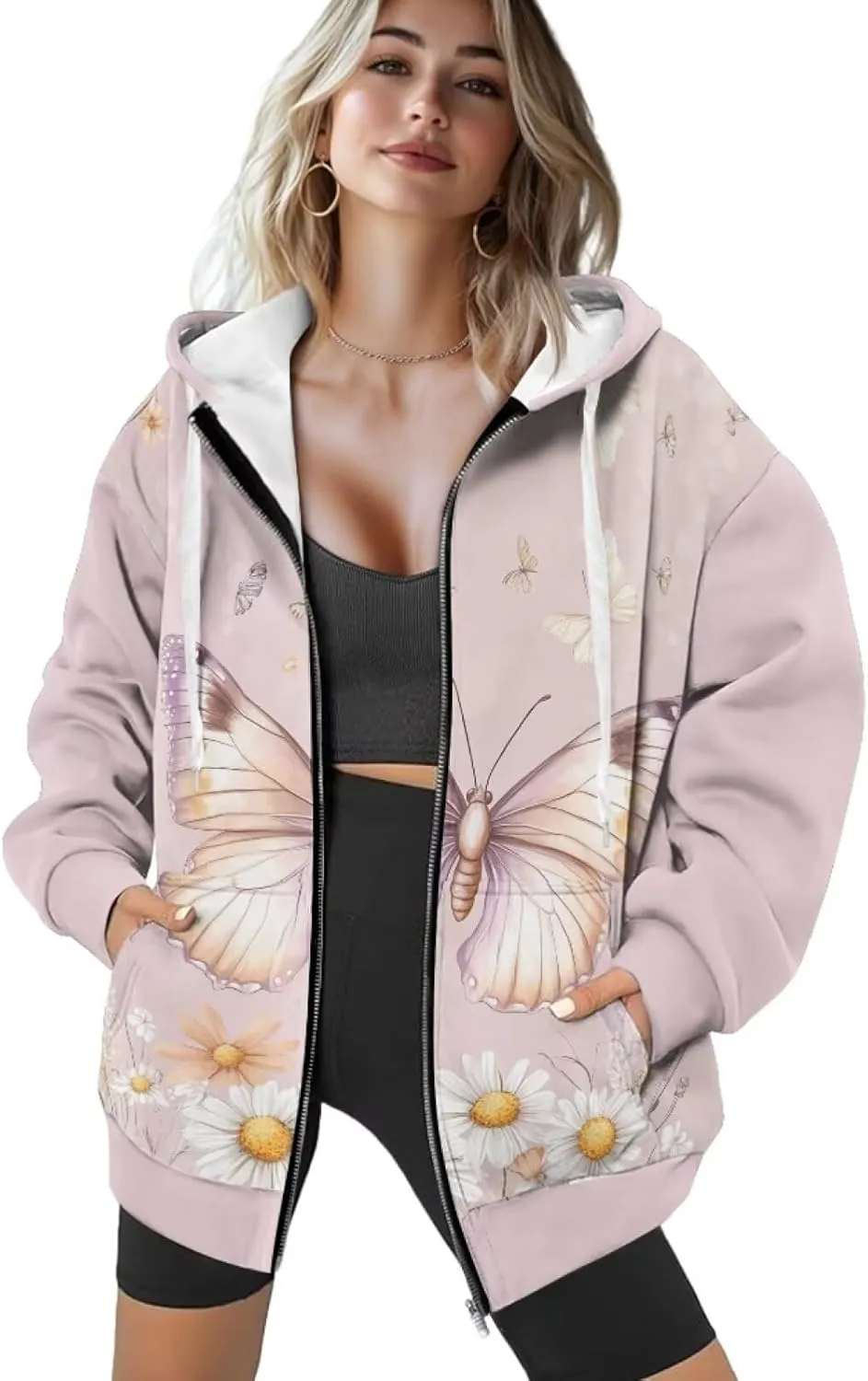 DISNIMO Full Zipper Hoodies for Women Fall Sweatshirt Lightweight Streetwear
