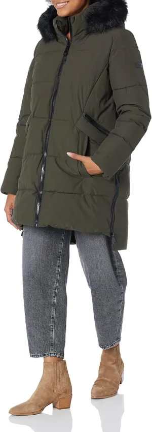 DKNY Women's Faux Fur Hood Long Down Puffer Coat