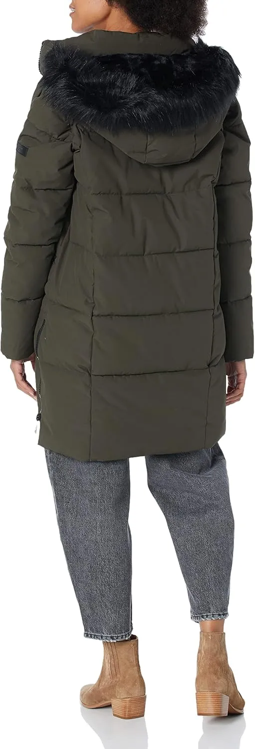 DKNY Women's Faux Fur Hood Long Down Puffer Coat