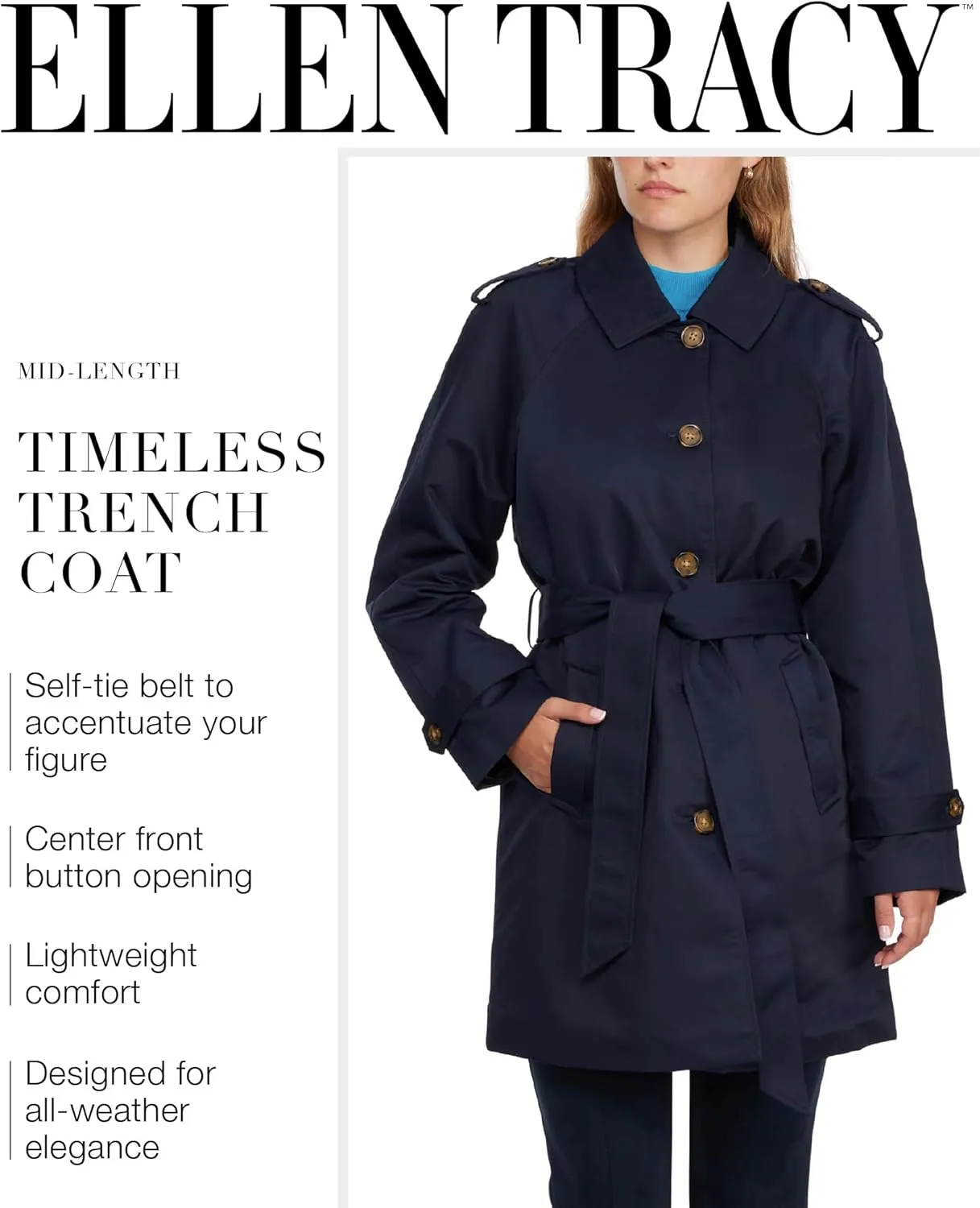 ELLEN TRACY Women's Trench Coat - Waist Belted Button Up Long Raincoat for Ladies (Sizes: S-XL)