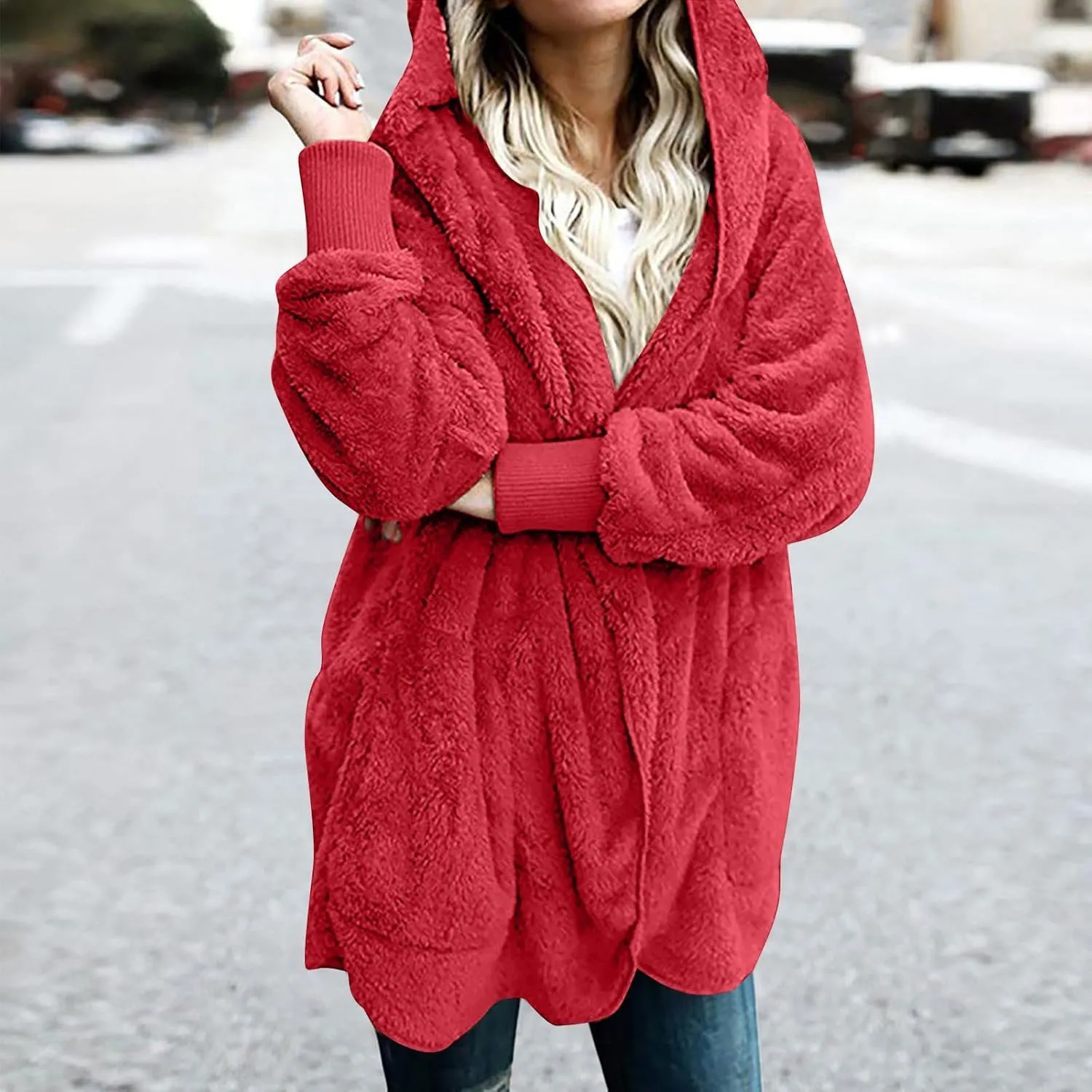 Fall Winter Cardigan Coats for Women Fuzzy Open Front Hooded Jackets Flannel Lightweight Fluffy Outerwear
