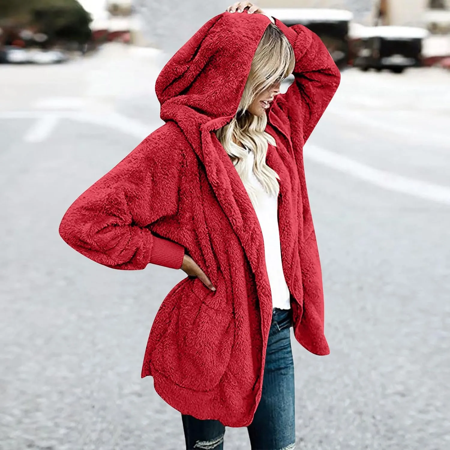 Fall Winter Cardigan Coats for Women Fuzzy Open Front Hooded Jackets Flannel Lightweight Fluffy Outerwear