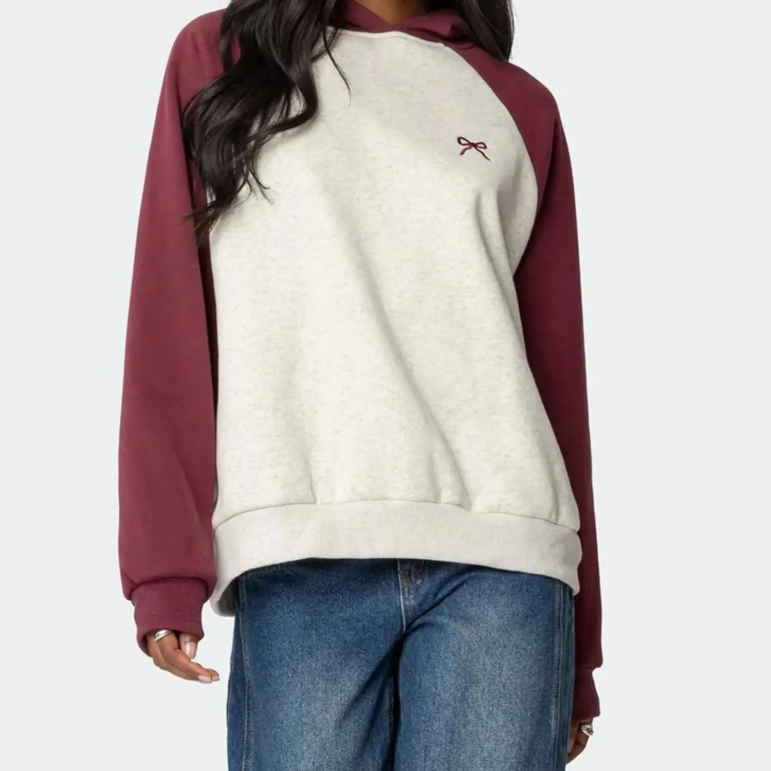 Faretumiya Women Bow Print Hoodies Oversized Hooded Sweatshirt Long Sleeve Drop Shoulder Graphic Y2k Shirt Pullover Top