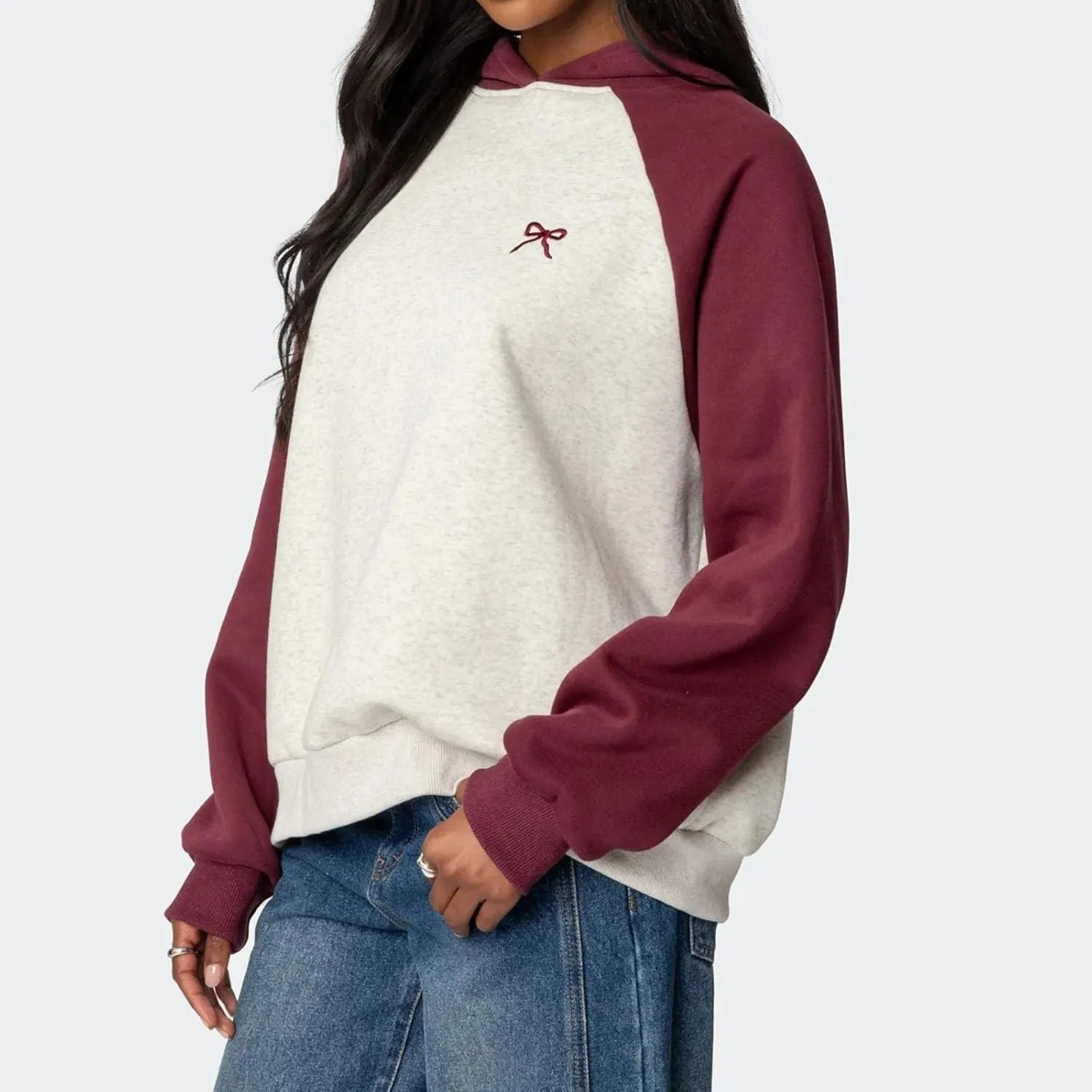 Faretumiya Women Bow Print Hoodies Oversized Hooded Sweatshirt Long Sleeve Drop Shoulder Graphic Y2k Shirt Pullover Top