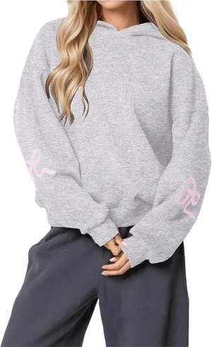 Faretumiya Women Bow Print Hoodies Oversized Hooded Sweatshirt Long Sleeve Drop Shoulder Graphic Y2k Shirt Pullover Top