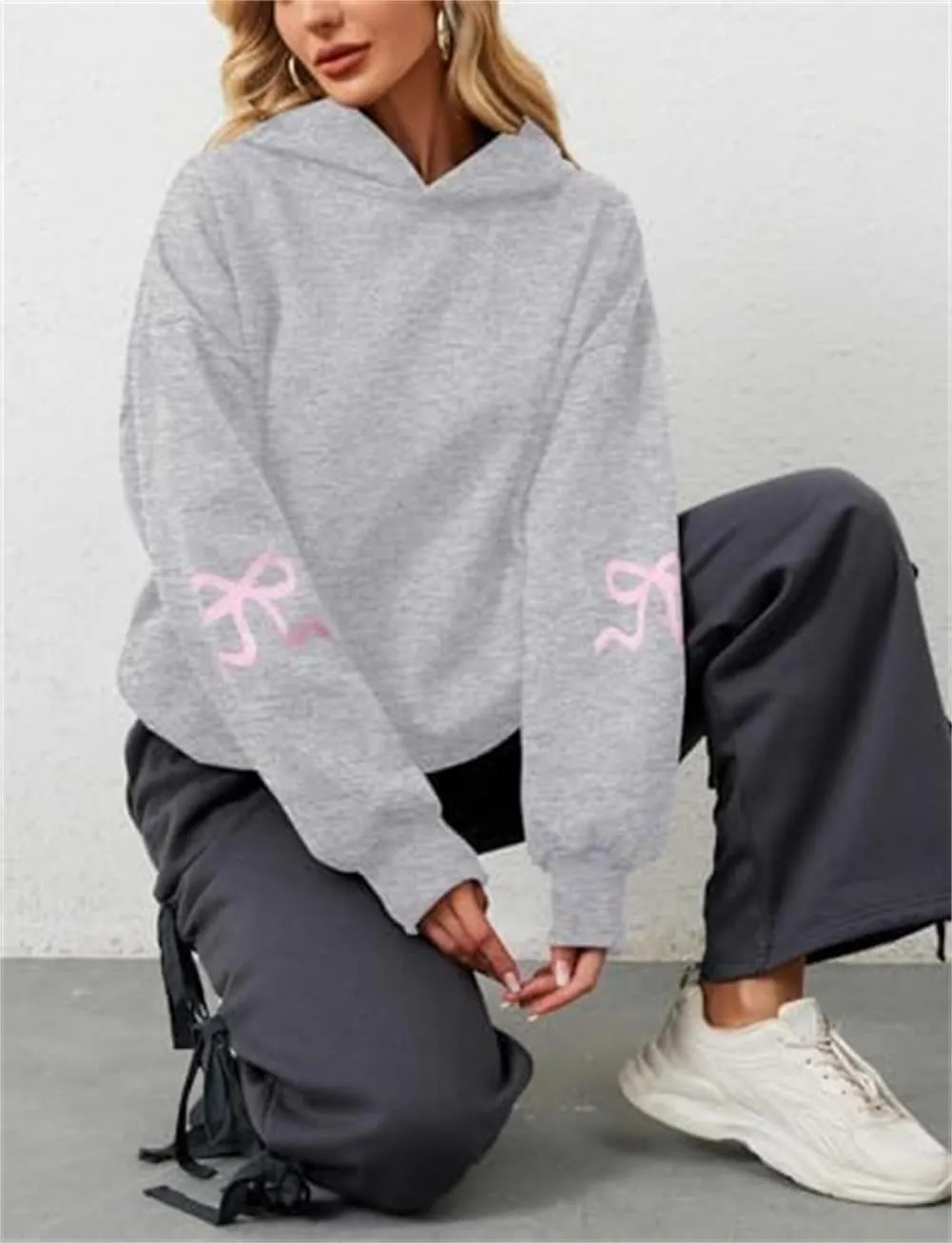 Faretumiya Women Bow Print Hoodies Oversized Hooded Sweatshirt Long Sleeve Drop Shoulder Graphic Y2k Shirt Pullover Top