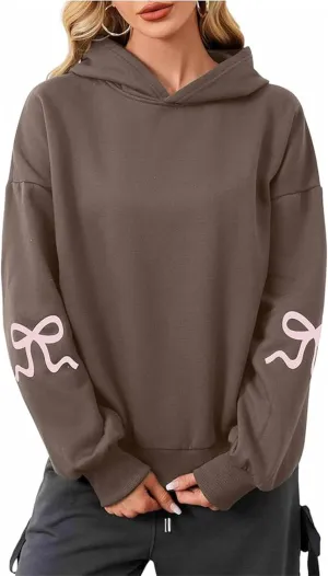 Faretumiya Women Bow Print Hoodies Oversized Hooded Sweatshirt Long Sleeve Drop Shoulder Graphic Y2k Shirt Pullover Top