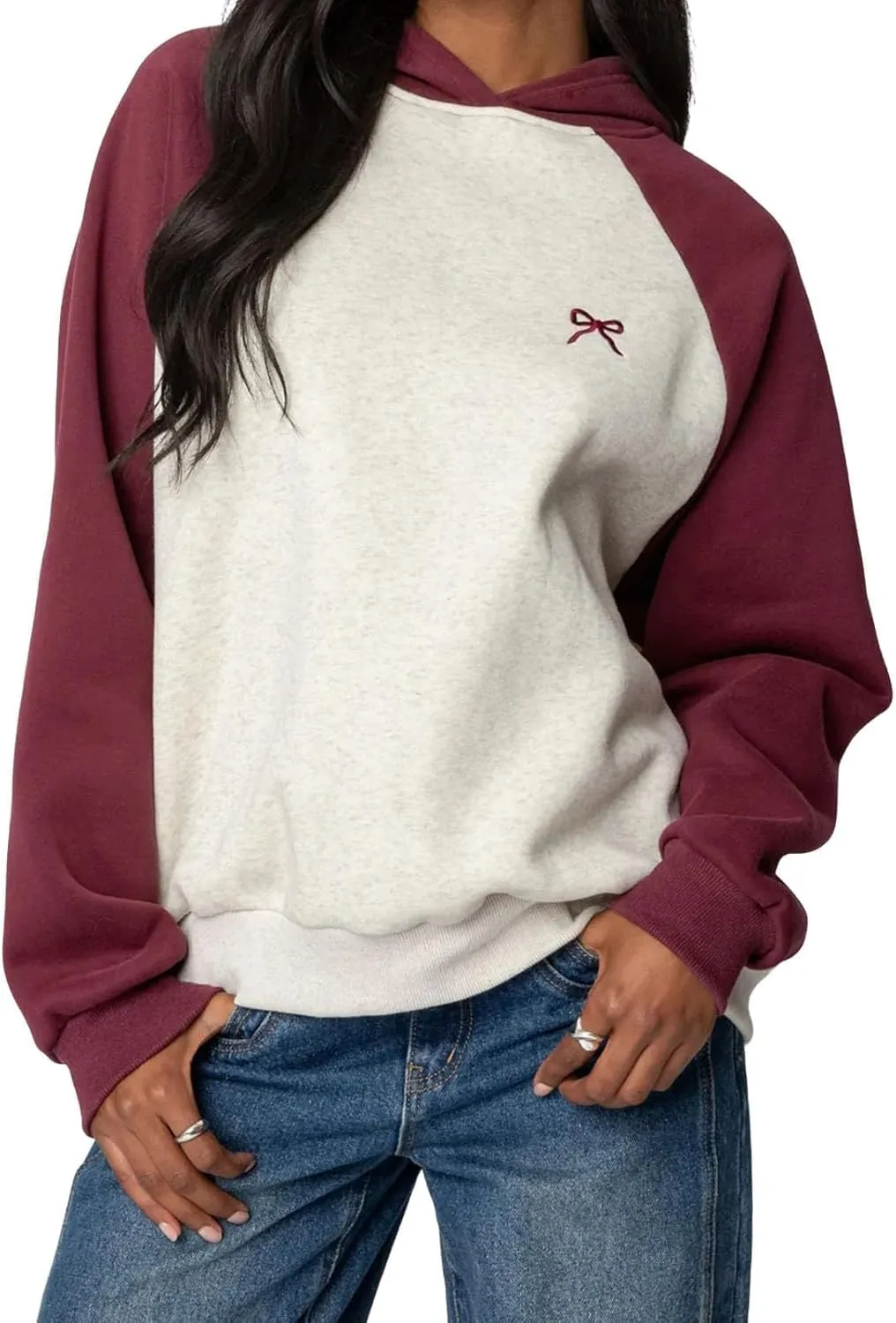 Faretumiya Women Bow Print Hoodies Oversized Hooded Sweatshirt Long Sleeve Drop Shoulder Graphic Y2k Shirt Pullover Top