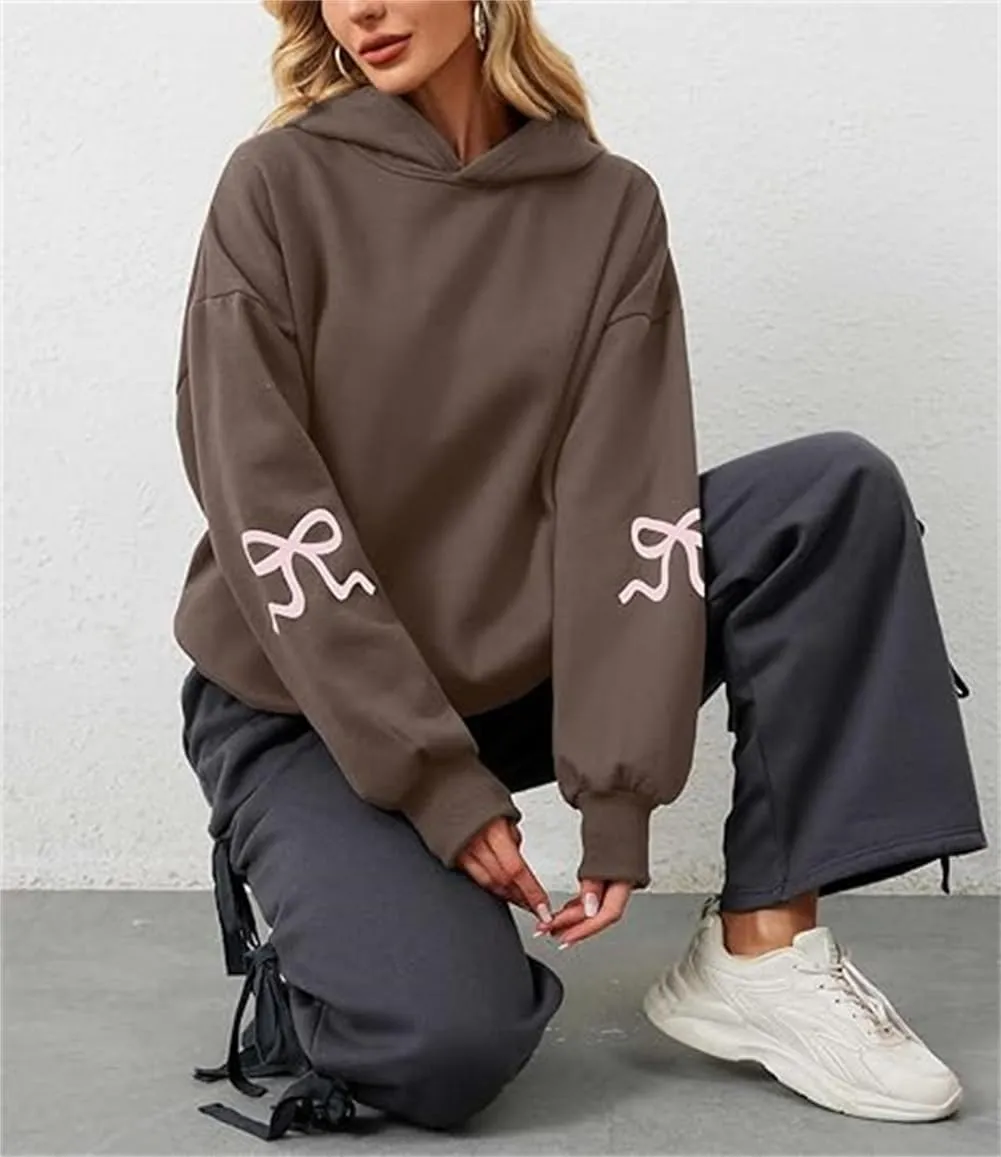 Faretumiya Women Bow Print Hoodies Oversized Hooded Sweatshirt Long Sleeve Drop Shoulder Graphic Y2k Shirt Pullover Top
