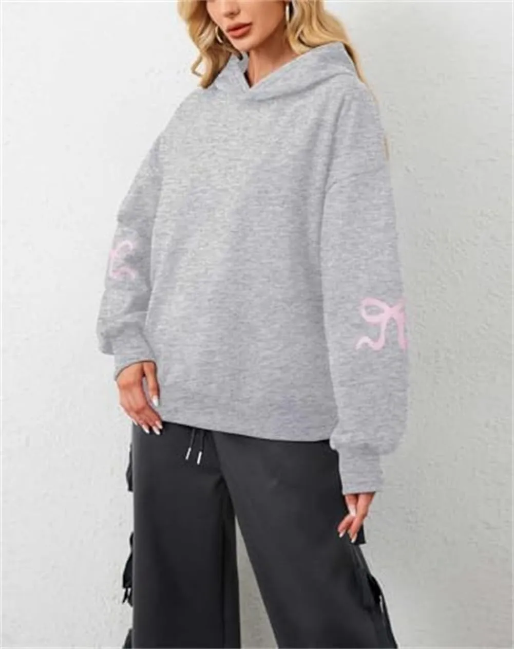 Faretumiya Women Bow Print Hoodies Oversized Hooded Sweatshirt Long Sleeve Drop Shoulder Graphic Y2k Shirt Pullover Top