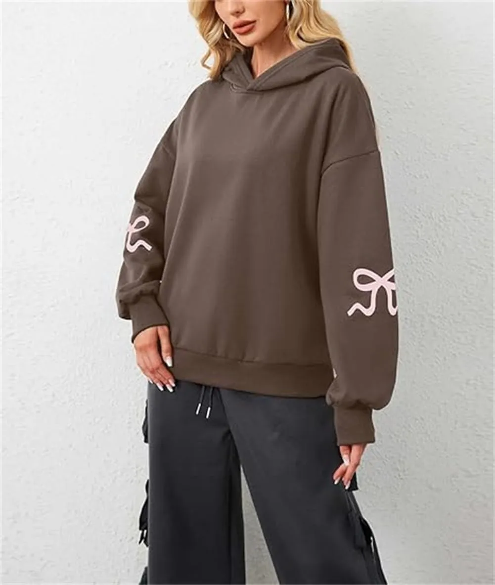 Faretumiya Women Bow Print Hoodies Oversized Hooded Sweatshirt Long Sleeve Drop Shoulder Graphic Y2k Shirt Pullover Top