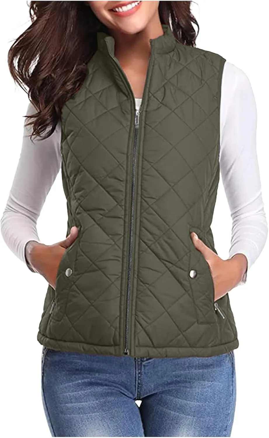 Fashion Puffer Vest Women Fall Winter Sleeveless Coats Down Cotton Waistcoat with Pockets Zip Up Quilted