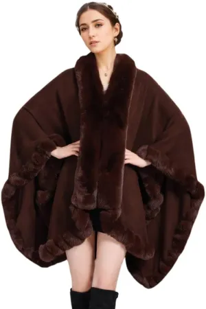 Faux Fox Fur Trim Cardigan Cloak Shawl Wraps Winter Poncho Oversized Cape