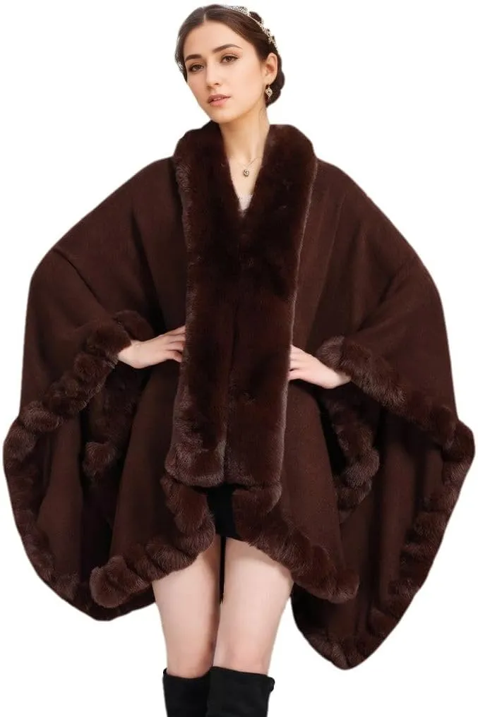 Faux Fox Fur Trim Cardigan Cloak Shawl Wraps Winter Poncho Oversized Cape