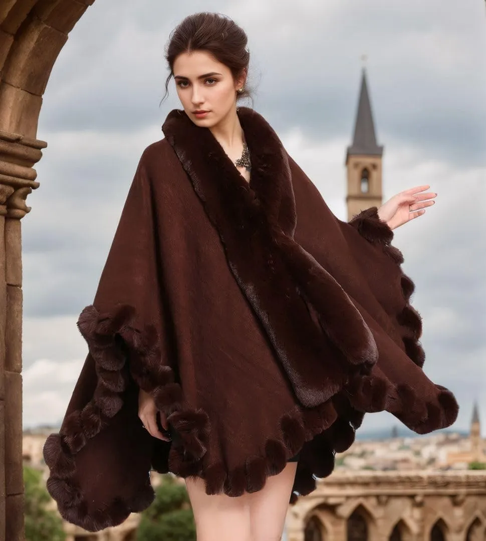 Faux Fox Fur Trim Cardigan Cloak Shawl Wraps Winter Poncho Oversized Cape