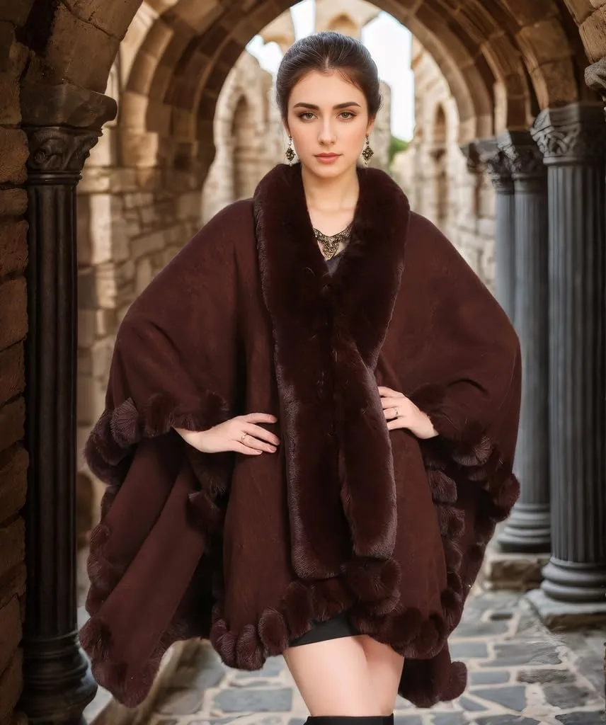 Faux Fox Fur Trim Cardigan Cloak Shawl Wraps Winter Poncho Oversized Cape