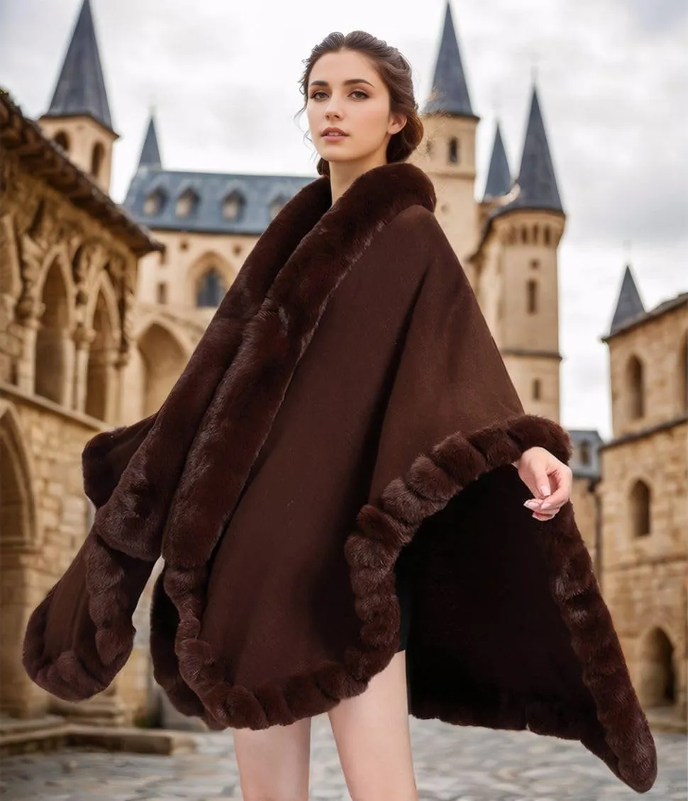Faux Fox Fur Trim Cardigan Cloak Shawl Wraps Winter Poncho Oversized Cape