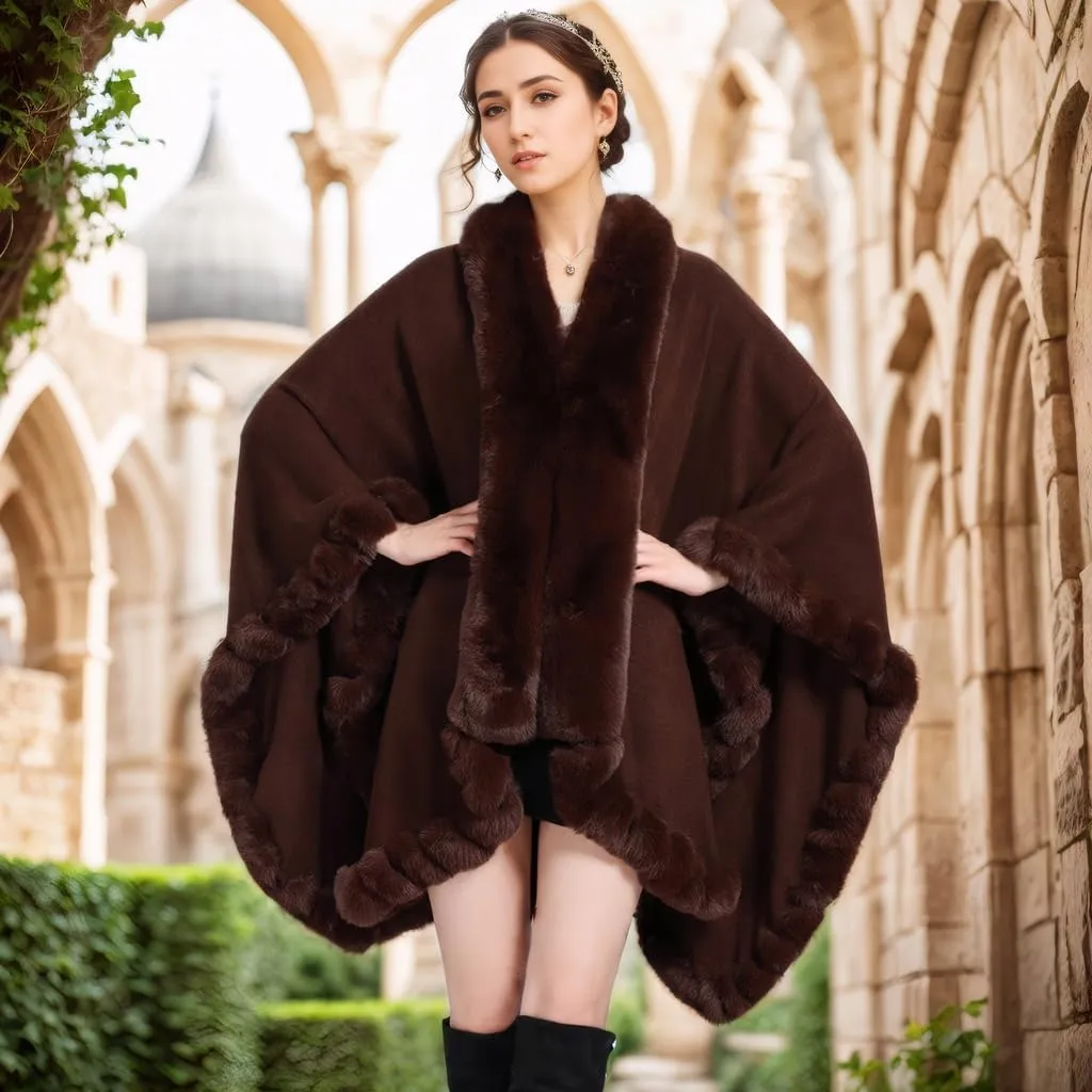 Faux Fox Fur Trim Cardigan Cloak Shawl Wraps Winter Poncho Oversized Cape