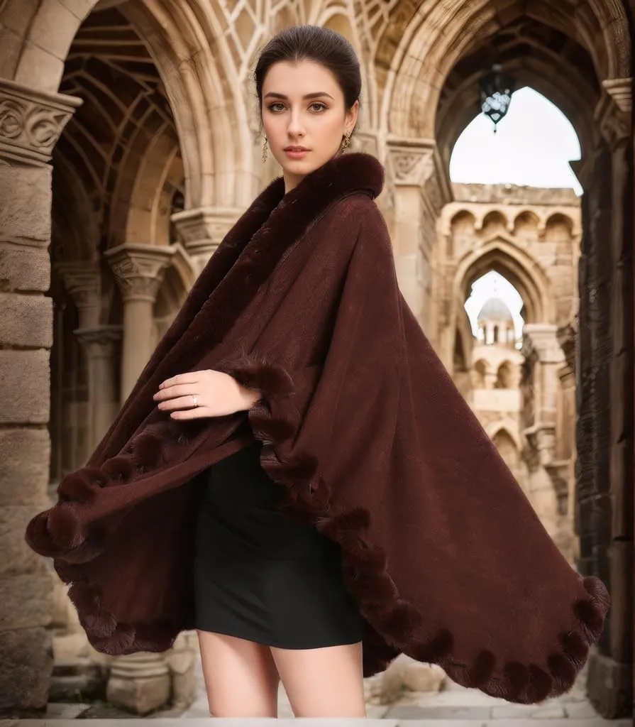 Faux Fox Fur Trim Cardigan Cloak Shawl Wraps Winter Poncho Oversized Cape