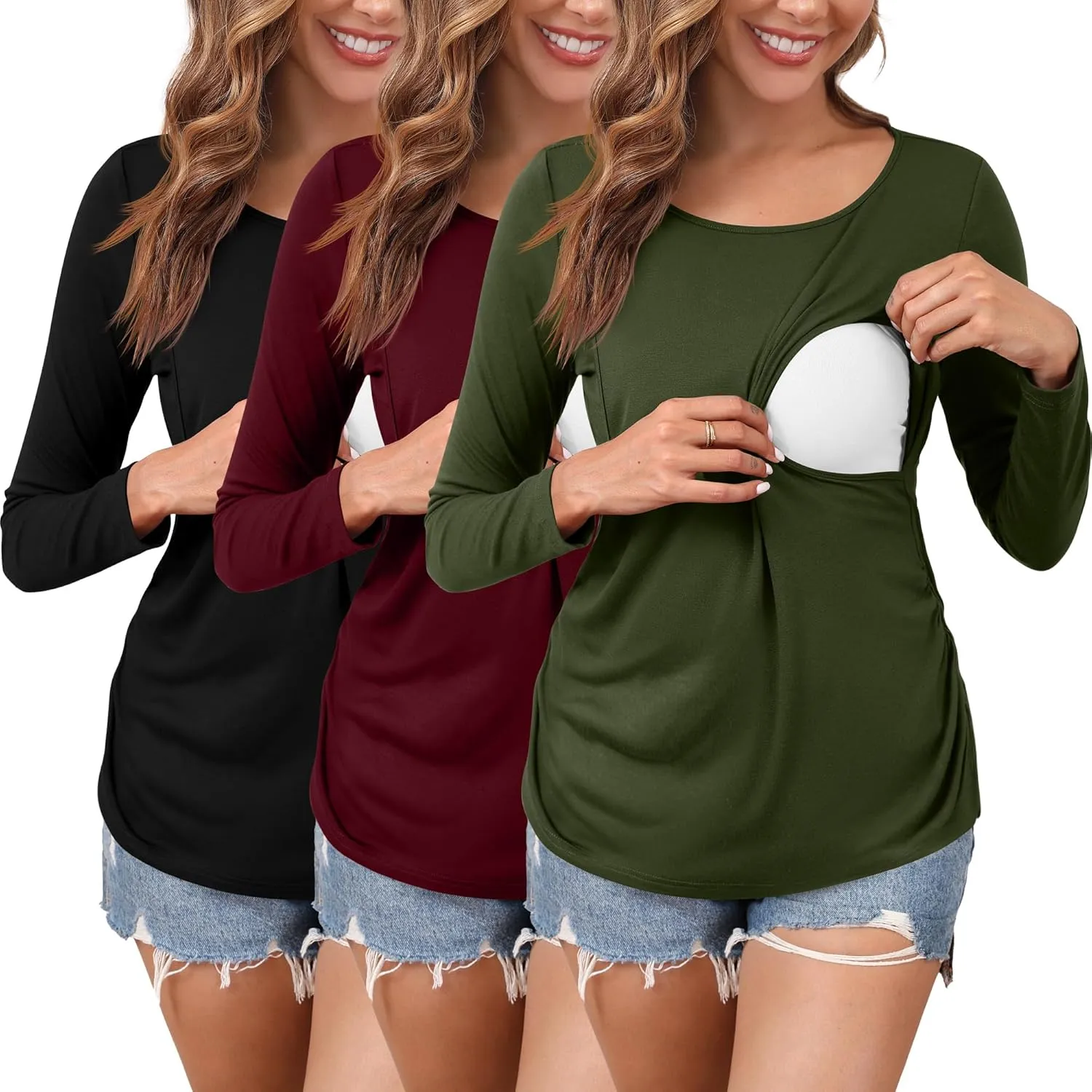 Ficerd 3 Pack Women's Maternity Tops Nursing Shirts for Breastfeeding Long Sleeves Double Layer Pregnancy Clothes