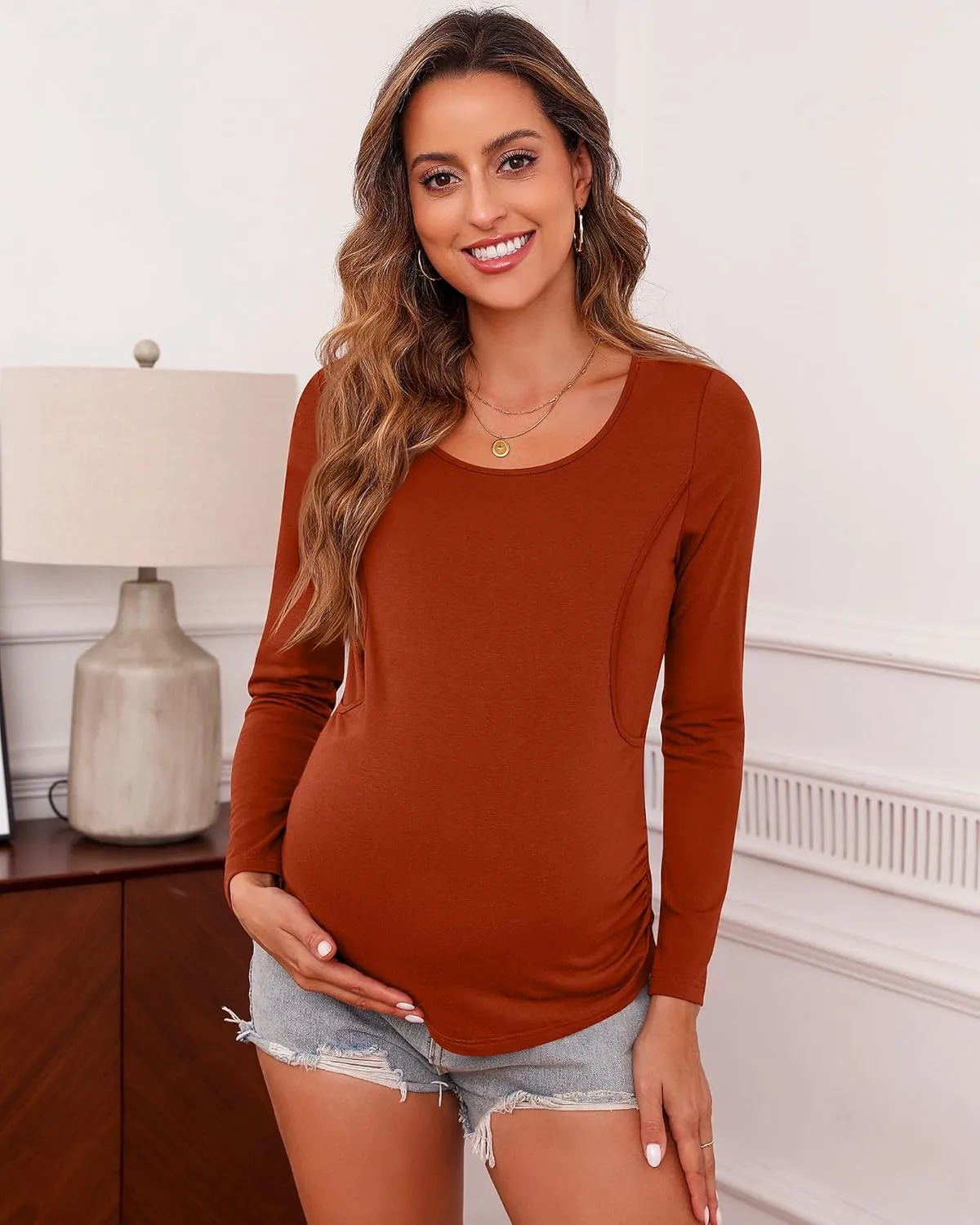 Ficerd 3 Pack Women's Maternity Tops Nursing Shirts for Breastfeeding Long Sleeves Double Layer Pregnancy Clothes