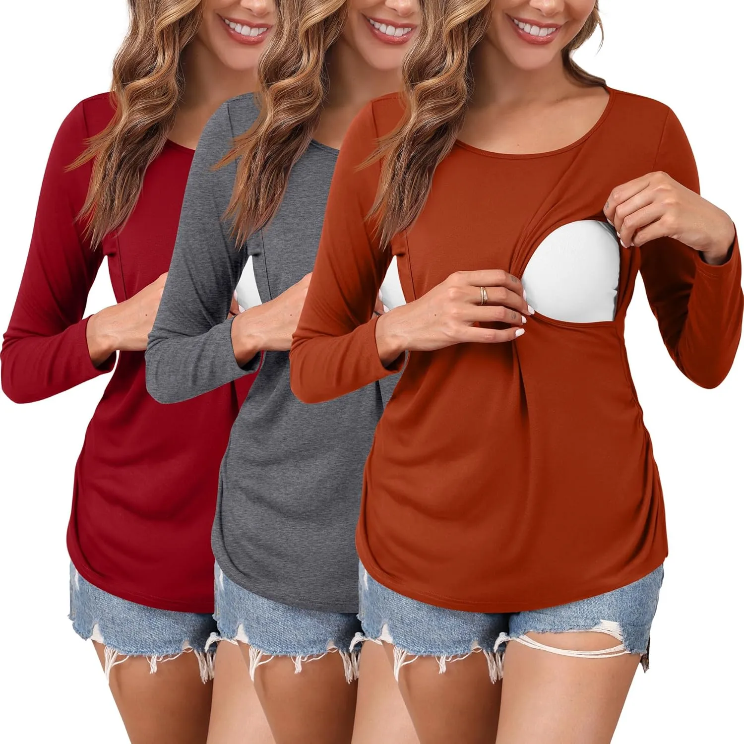 Ficerd 3 Pack Women's Maternity Tops Nursing Shirts for Breastfeeding Long Sleeves Double Layer Pregnancy Clothes