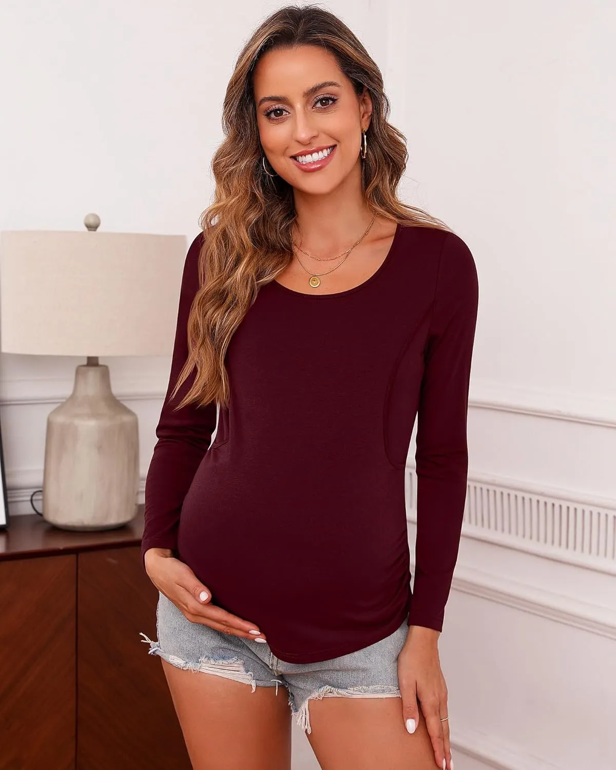 Ficerd 3 Pack Women's Maternity Tops Nursing Shirts for Breastfeeding Long Sleeves Double Layer Pregnancy Clothes