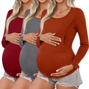 Ficerd 3 Pack Women's Maternity Tops Nursing Shirts for Breastfeeding Long Sleeves Double Layer Pregnancy Clothes