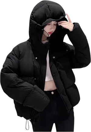 Firzero Women down Jacket Puffer down Hooded Jackets Winter Warm Cropped Coat Long Sleeve Parka Outwear Windbreaker 2024